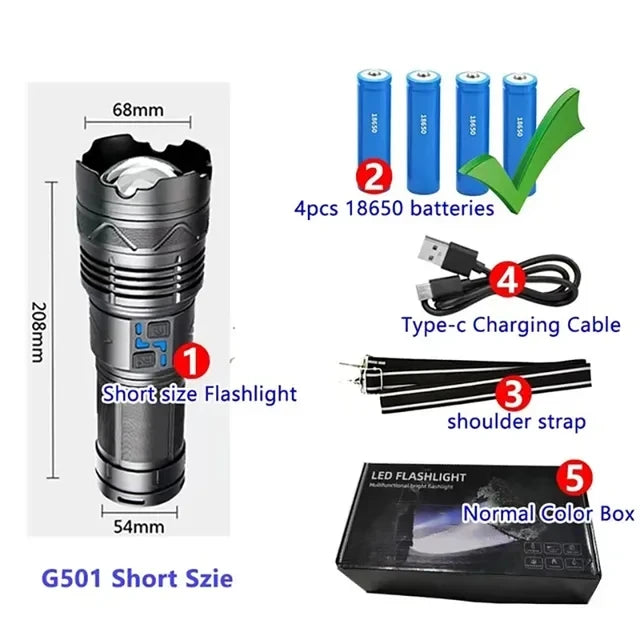 Most Powerful GT60 LED Flashlight Long-range Lighting Long Endurance Powerful Torch Type-C Charging Tactical Camping Lantern