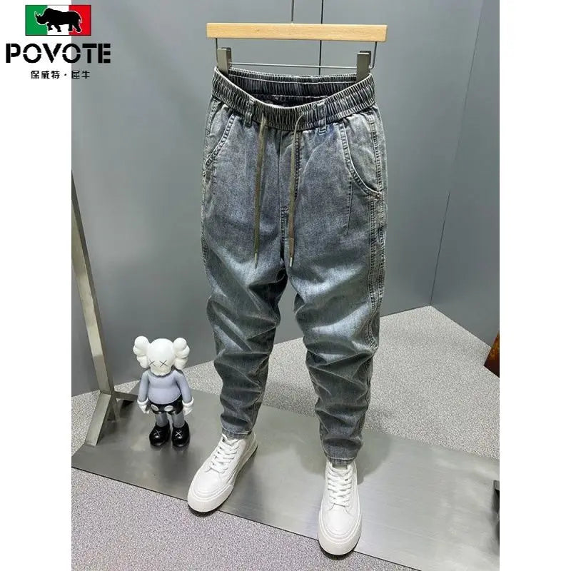 Casual Vintage Men's Fashion Drawstring Jeans with Thickened Fleece and Loose Harem Pants for Autumn and Winter Cargo Trousers