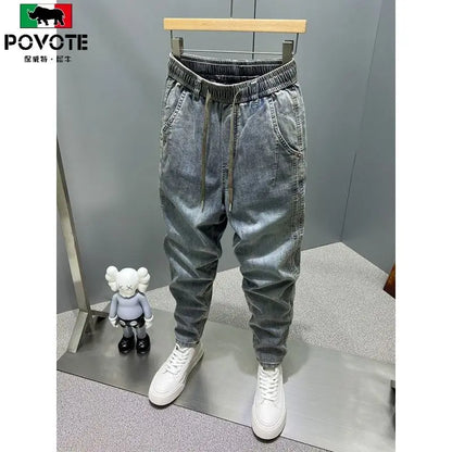 Casual Vintage Men's Fashion Drawstring Jeans with Thickened Fleece and Loose Harem Pants for Autumn and Winter Cargo Trousers