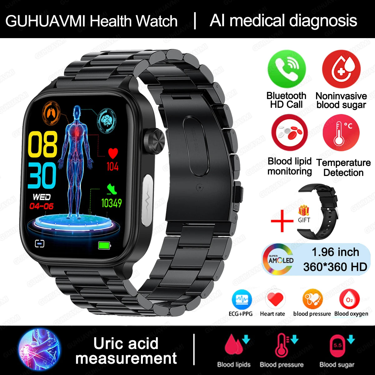 AI Medical Grade Health Smart Watch Women ECG+PPG+HRV Micro Examination Blood Sugar Fat Uric Acid Heart Rate BT Call Smartwatch