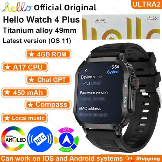 Smartwatch 2025 New Hello Watch 4 Plus ULTRA2 49mm AMOLED 4G ROM GPS GPT NFC Compass Bluetooth Call Sports Clock Men Women PK 3