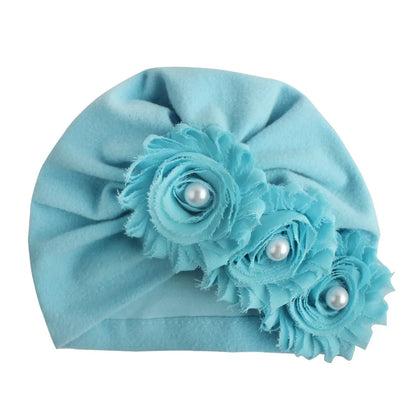 Cute Infant Newborn Caps with Pearl Chiffon Flowers Cotton Blend Kont Turban Girls Stretchy Beanie Hat Baby Hair Accessories