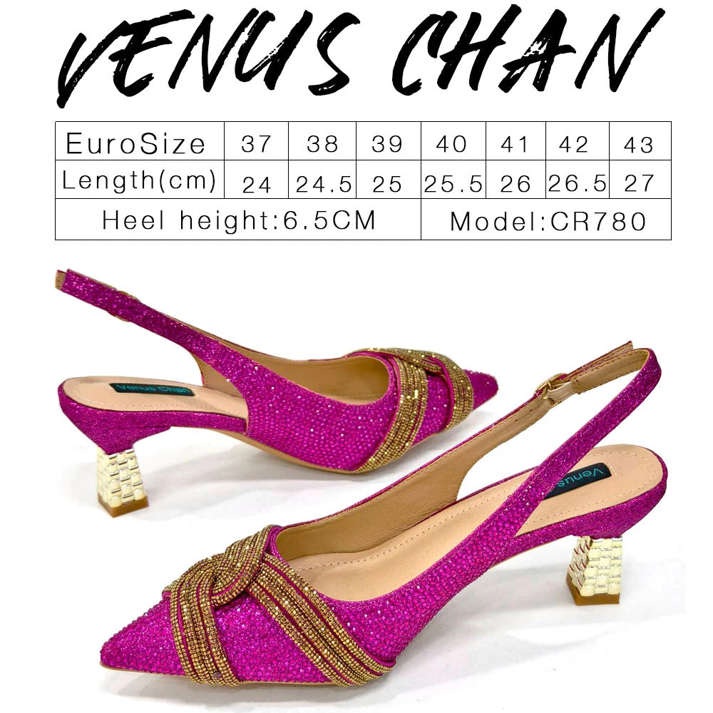 Venus Chan-Nigerian Heel Party for Women Shoes and Bag Set Champagne Colour Rhinestone Handbag Italian Design Wedding INS 2024