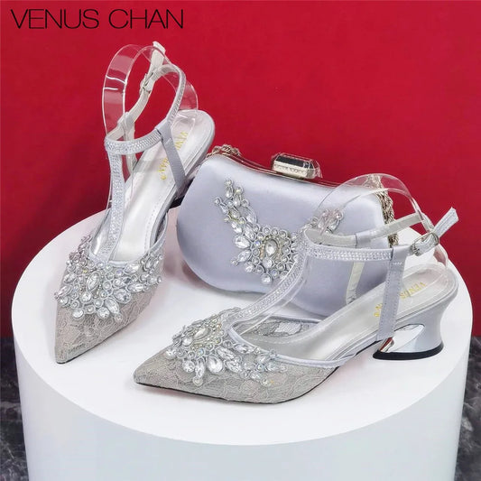 Daily Wear Comfortable Ltalian Design Silver Color Rhinestones Decoration Pointed Toe High Heels Party Ladies Shoes Bag Set