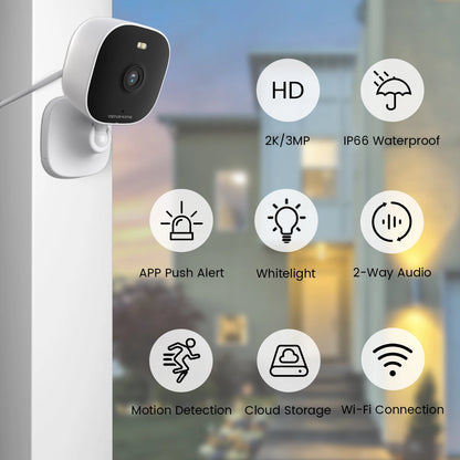 Vsmahome 3MP Security Camera Outdoor, Plug-in Full Color Night Vision WiFi Camera , Home Camera with Spotlight, IP66 Waterproof