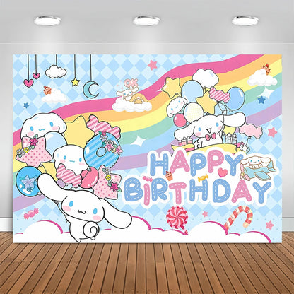 Sanrio Backdrops Banner Rainbow Balloons Cartoon Cinnamoroll Children's Happy Birthday Party Decor Photo Background Booth Props