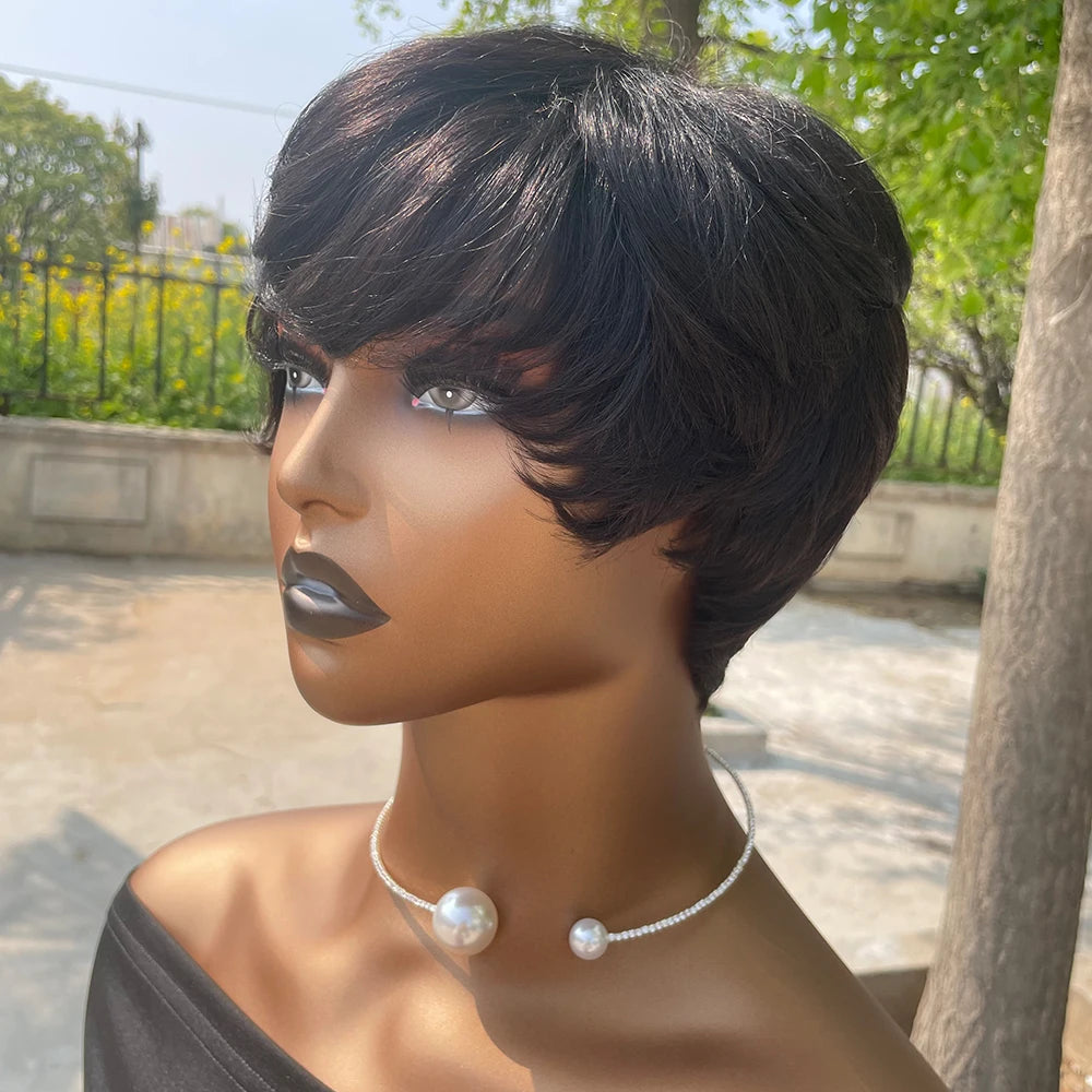 Short Pixie Cut Wig Human Hair For Black Women Machine Made Wigs With Bangs Short Wig Human Hair Wigs