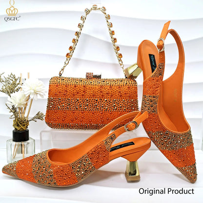 QSGFC INS 2024 Gold Color Elegant Women Heels Shoes and Bag Set Hollow Rhinestones  High Heels Wedges Shoes Matching Bag