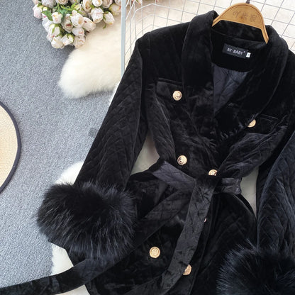 XFPV Women Velvet Feather Lace-up Korean Version Double Breasted Blazer Lapel Long Sleeve Warm Coat Autumn Winter 2025 SM9917