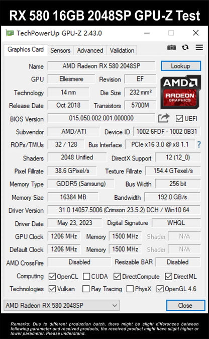 USED Kinology AMD RX 580 8G 16GB 2048SP Gaming Graphics Card GDDR5 256Bit PCI Express 3.0 ×16 Radeon GPU RX580 Series