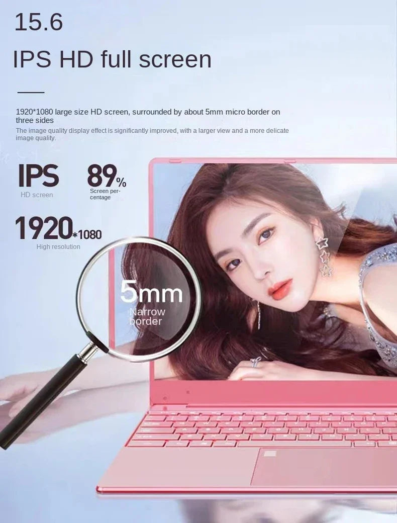 Cheap Stylish Pink 15.6" Laptop: Windows 10 Office Education Intel Celeron N5095, 16GB RAM, 1TB SSD, Dual WiFi, Narrow Bezels.