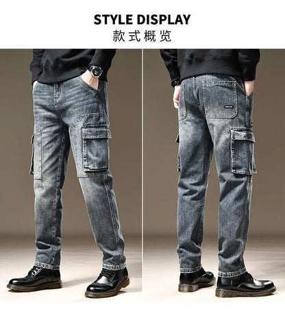 American Fashion High Street Loose Straight Cargo Jeans Men's Solid Patchwork Button Zipper Pockets Versatile Casual Pants 2024