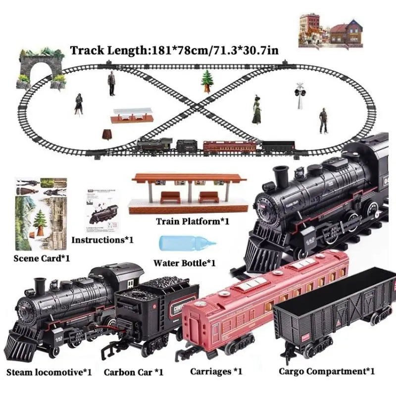 Classical Battery Operate Electric Railway Train Steam Locomotive Set Adding Water to Smoke Train Toys with Light&Sound   ﻿