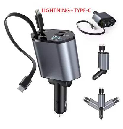 4 in 1 Retractable Car Charger, 100W Quick Charge with 2 USB Port, Retractable Iphone Charger & Tap-c Charger, Retractable Cable