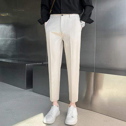 Spring Summer Suit Pants Men Stretch Business Elastic Waist Slim Ankle Length Pant Korean Trousers Male Large Size 40 42