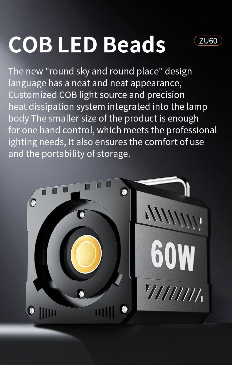 60W COB Video Light CRI≥90 TLCI≥97 Continuous Output Lighting Dual Color Temperature 2700K-6500K Portable Mini Bowens Live Light