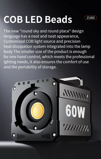 60W COB Video Light CRI≥90 TLCI≥97 Continuous Output Lighting Dual Color Temperature 2700K-6500K Portable Mini Bowens Live Light