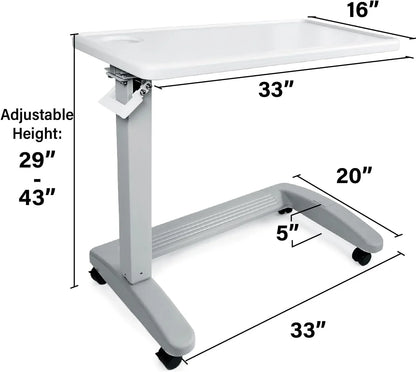 Medical Adjustable Bedside Table with Wheels (Hospital and Home Use), New Tabletop, Light Gray