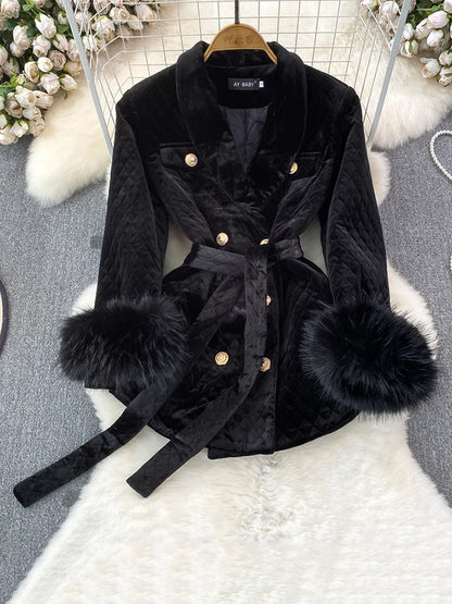 XFPV Women Velvet Feather Lace-up Korean Version Double Breasted Blazer Lapel Long Sleeve Warm Coat Autumn Winter 2025 SM9917