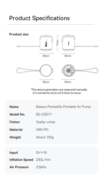 Baseus Air Pump Wireless Air Compressor Camping Inflatable Deflate Beds Mats Swimming Ring Mini Portable Outdoor Inflator Pump