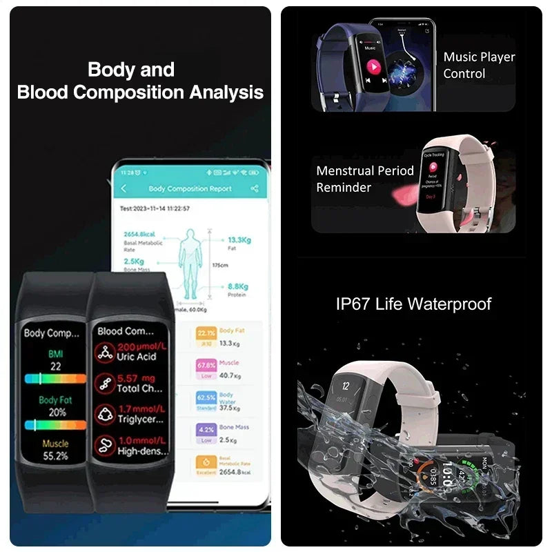 2024 New Medical Grade Smart Watch Blood Sugar Blood Lipid Uric Acid ECG+PPG Body Temperature Bluetooth Call Health Smartwatch