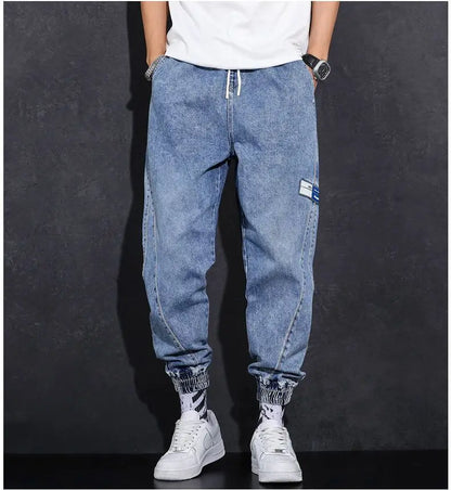 Loose Elastic Waist Denim Jeans for Men 2024 Fashion Casual Spring Workwear Foot-Tied Pants with Brand Workwear Baggy Trousers