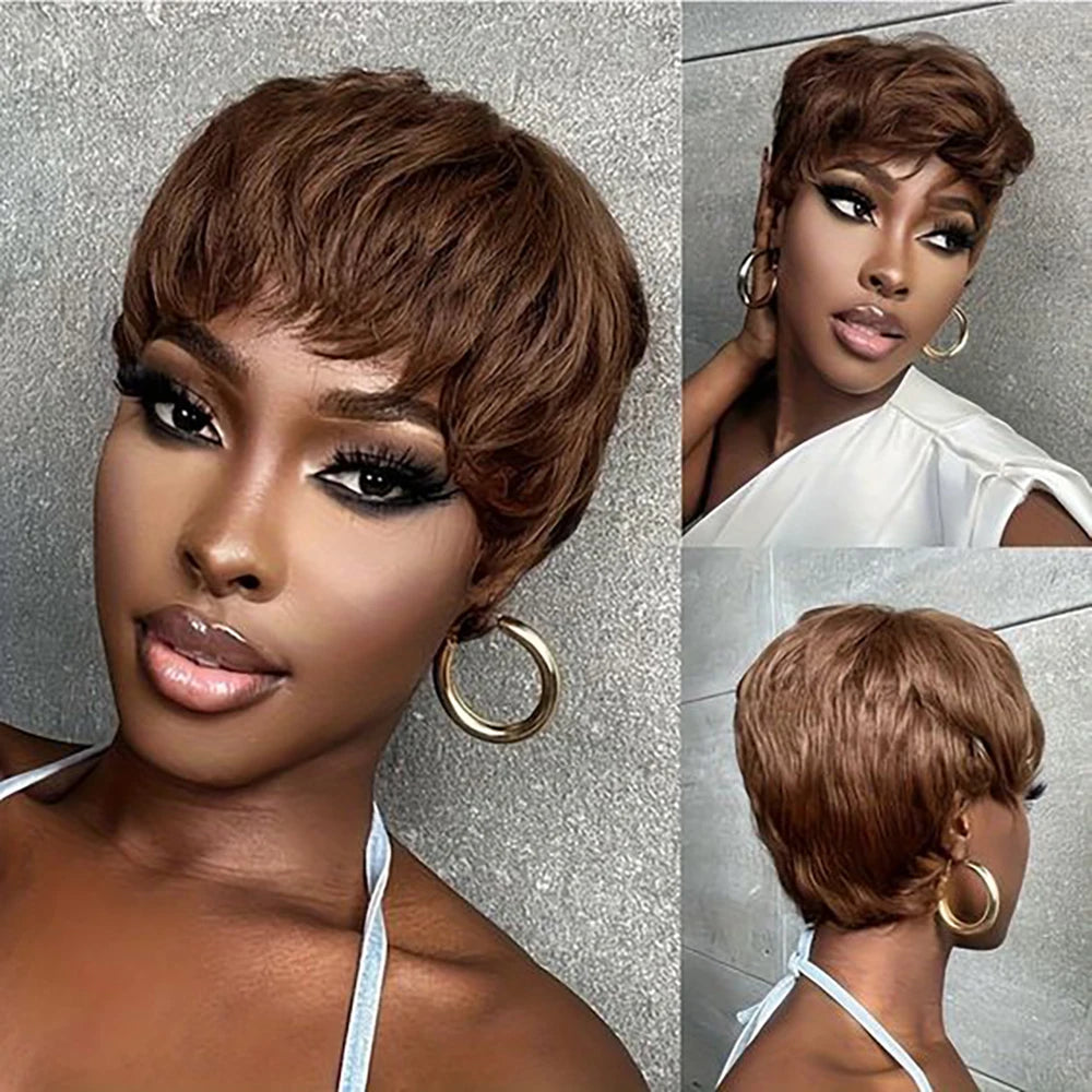 Brown Short Pixie Cut Wig Human Hair For Black Women Machine Made Wigs With Bangs Colored Brazilian Wig Human Hair Wigs