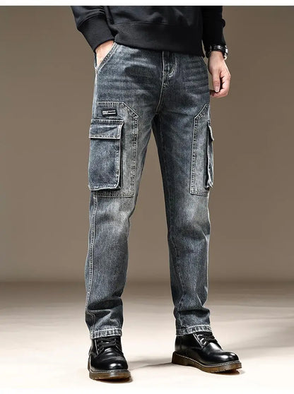 American Fashion High Street Loose Straight Cargo Jeans Men's Solid Patchwork Button Zipper Pockets Versatile Casual Pants 2024