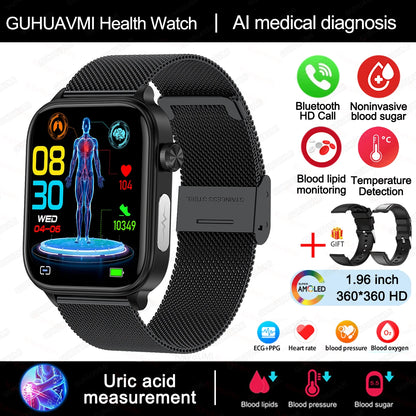 AI Medical Grade Health Smart Watch Women ECG+PPG+HRV Micro Examination Blood Sugar Fat Uric Acid Heart Rate BT Call Smartwatch