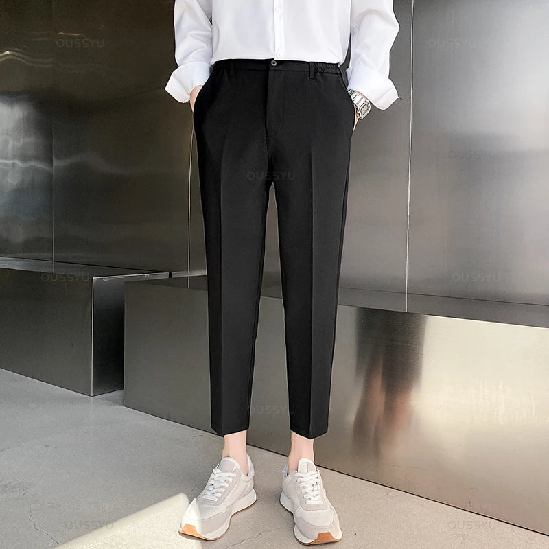 Spring Summer Suit Pants Men Stretch Business Elastic Waist Slim Ankle Length Pant Korean Trousers Male Large Size 40 42