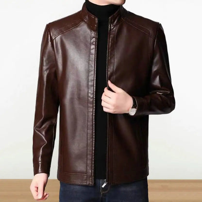 Men Jacket Faux Leather Solid Color Stand Collar Coat Smooth Zipper Neck Windproof Outerwear For Autumn Winter