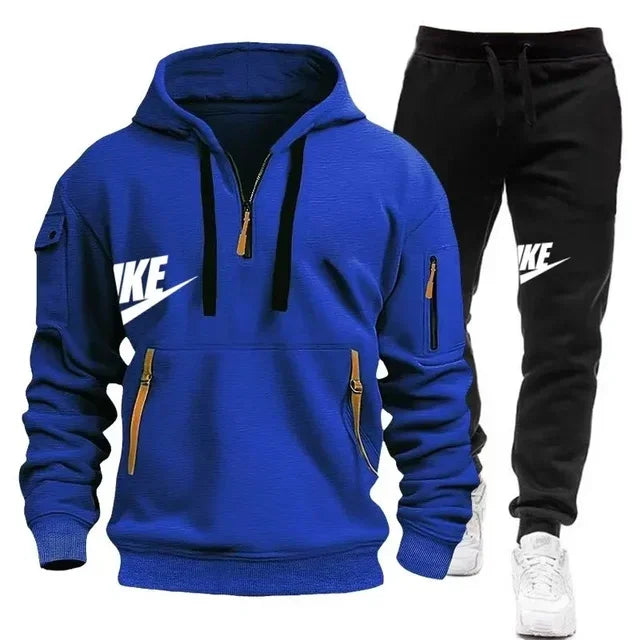 Spring and autumn new men's zipper hoodie + pants two-piece set, outdoor jogging multi-pocket men's casual pullover sports suit