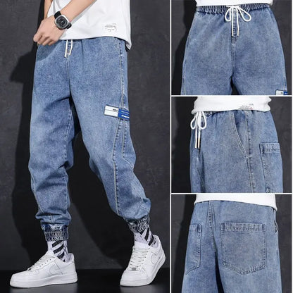 Loose Elastic Waist Denim Jeans for Men 2024 Fashion Casual Spring Workwear Foot-Tied Pants with Brand Workwear Baggy Trousers