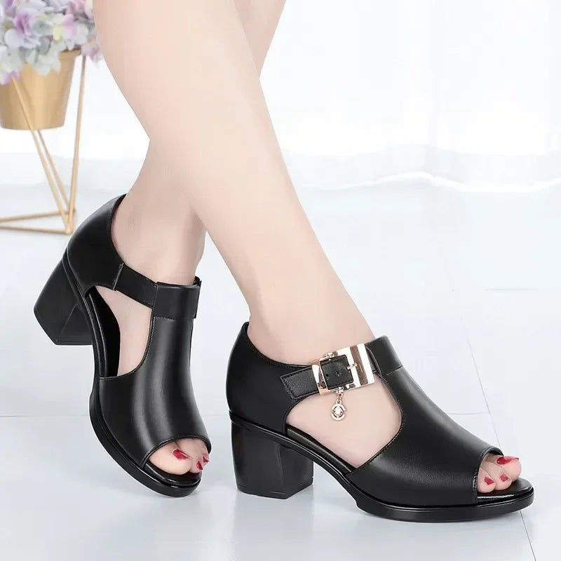 2024 Summer New Fashion Women Sandals Fish Mouth Shoes for Women Chunky Heel Metal Decorative Buckle Casual Sandals Female