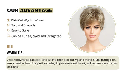 Light Blonde Mixed Off-White Short Pixie Cut Wigs for Women With Bangs Kanekalon Human-hair Like Texture Natural Layered Hair