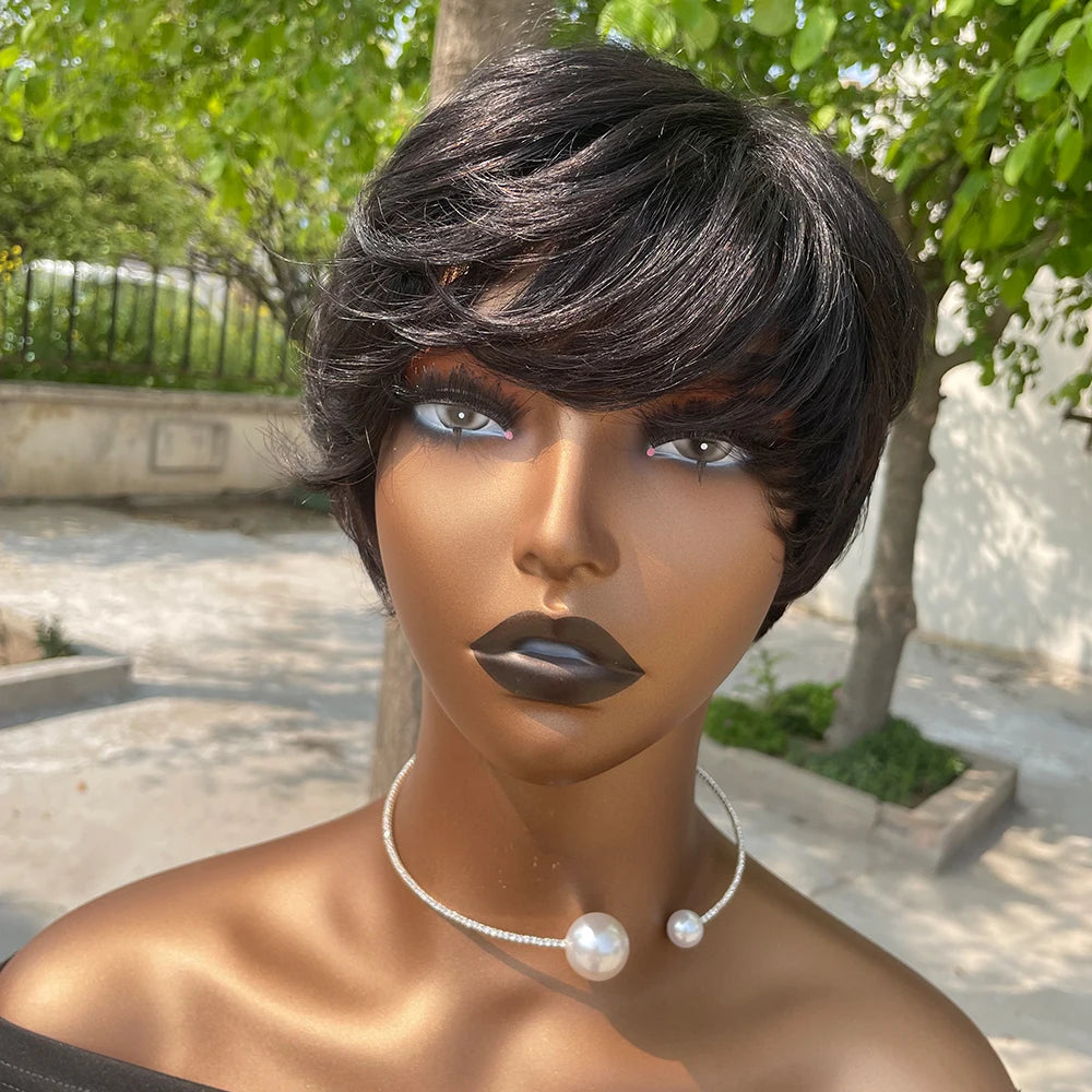 Short Pixie Cut Wig Human Hair For Black Women Machine Made Wigs With Bangs Short Wig Human Hair Wigs