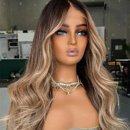 Ombre Glueless Ash Blonde Wig Human Hair Brown Highlight Wig Loose Wave Wig 13x6 Transparent Lace Front Wig Natural Hairline