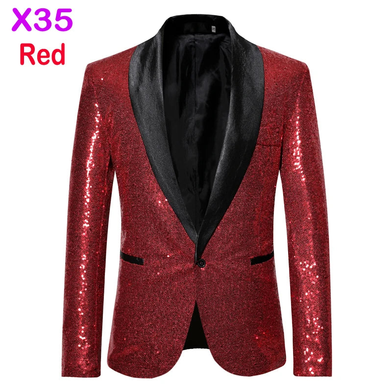 Black Sequin One Button Shawl Collar Suit Jacket Men Bling Glitter Nightclub Prom DJ Blazer Jacket Men Stage Clothes for Singers