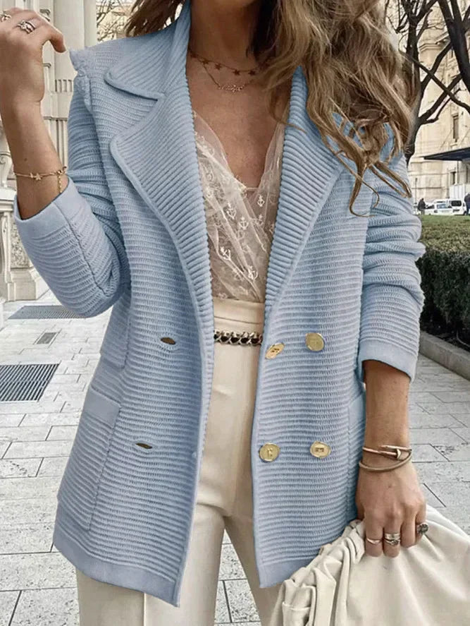 Women Double Breasted Button Solid Color Autumn Winter Blazer Jacket Fashion Casual Long Sleeve Coat Cardigan