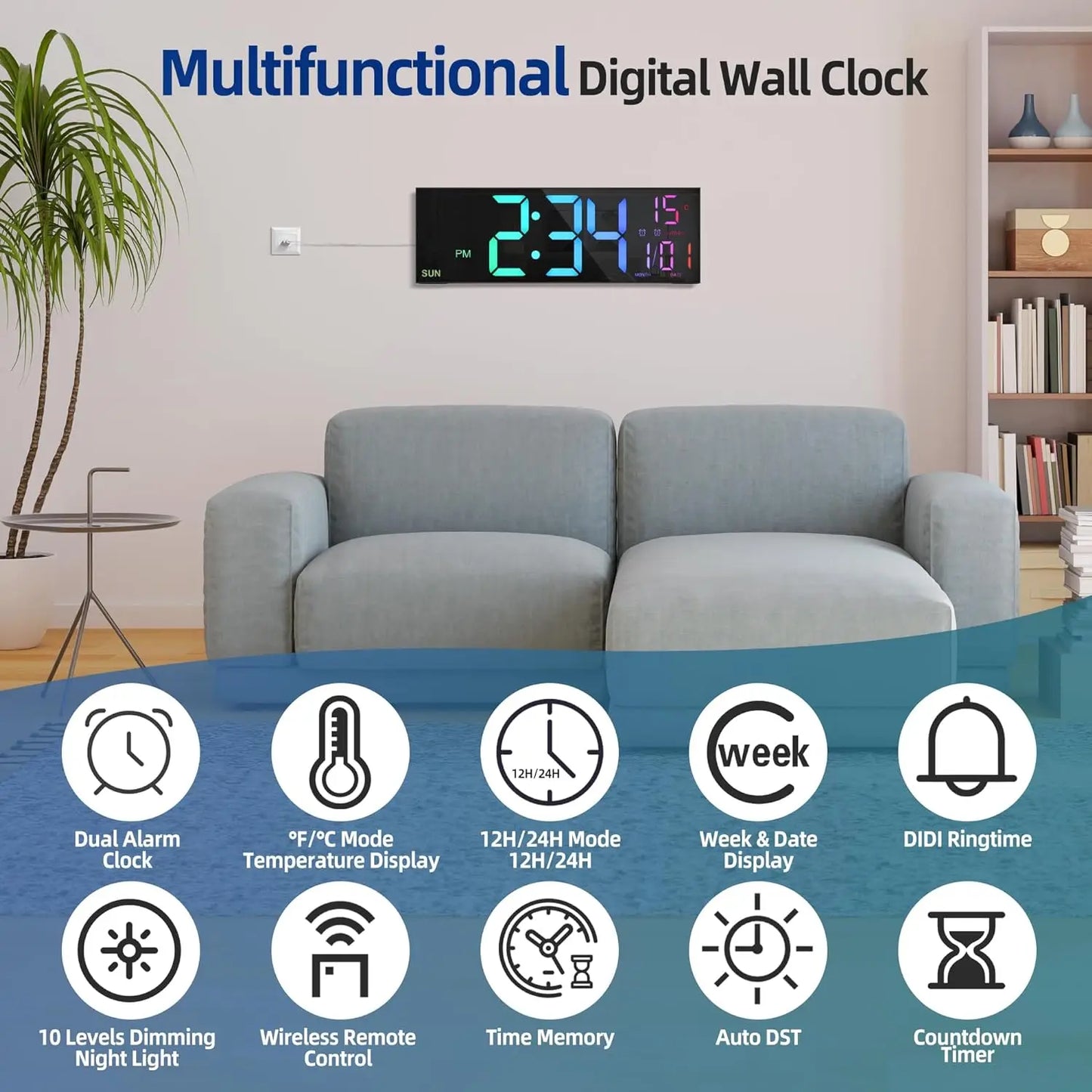 16.2'' Large Digital Wall Clock with Remote Control Big LED/Dual Alarm/8 RGB Colors Digital Alarm Clock Electronic Watch