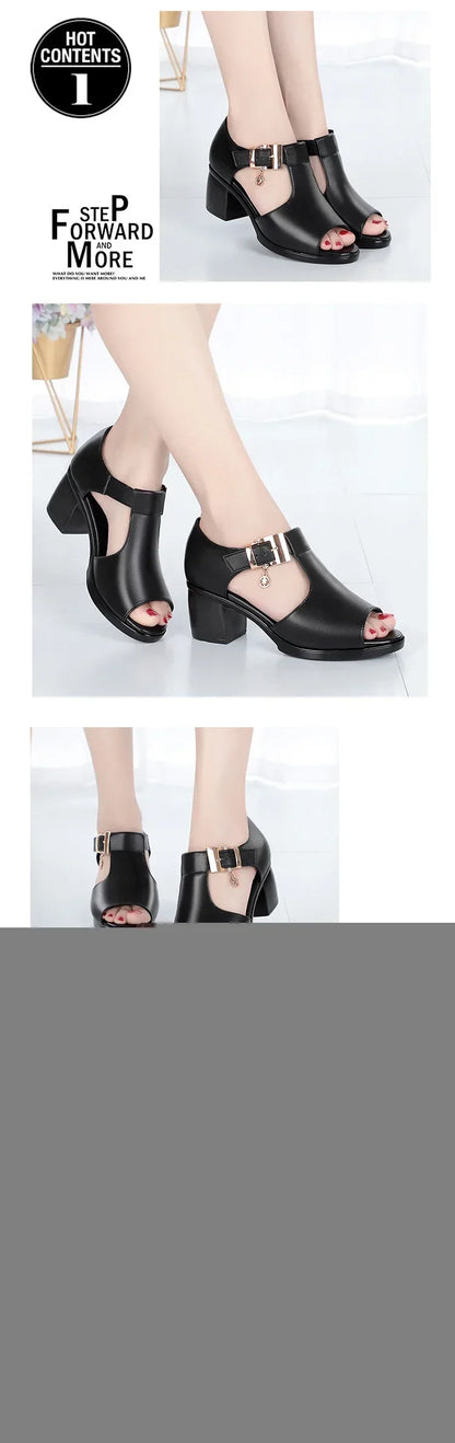 2024 Summer New Fashion Women Sandals Fish Mouth Shoes for Women Chunky Heel Metal Decorative Buckle Casual Sandals Female