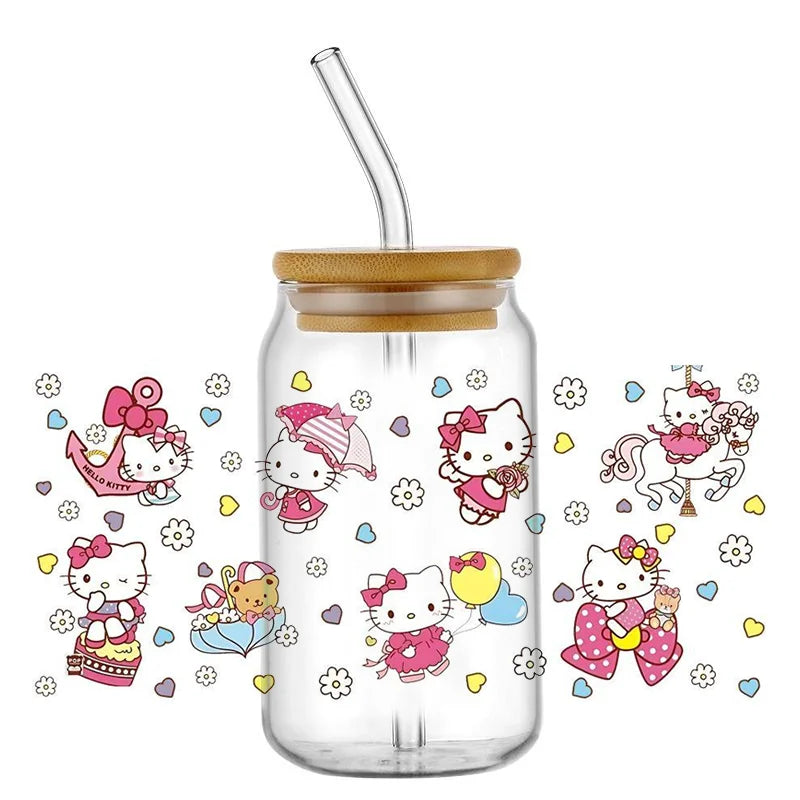 Miniso New Hello Kitty Theme For Libbey 16oz Can Glass Kuromi Coffee Waterproof UV DTF Coffee Can Wrap Libbey Glass 3D Wrap