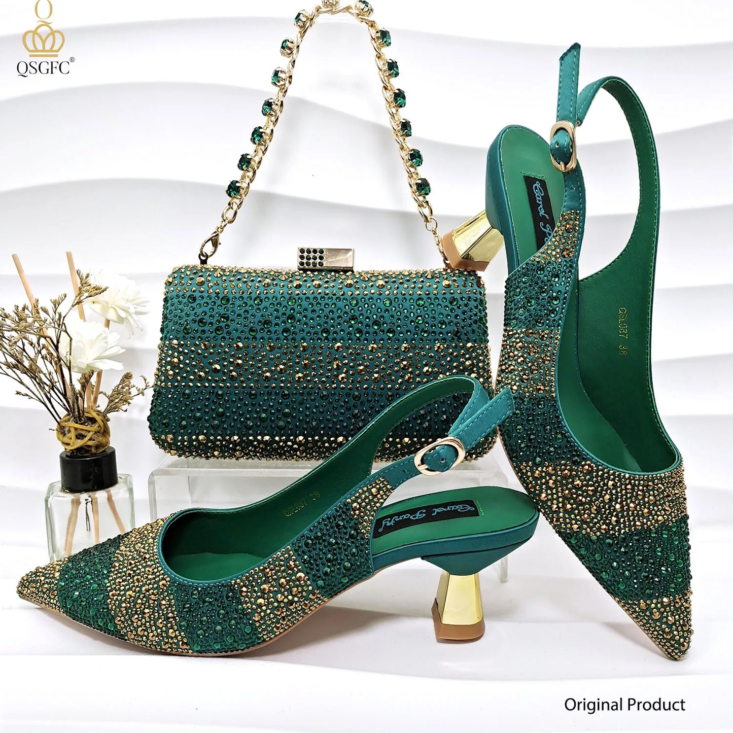 QSGFC INS 2024 Gold Color Elegant Women Heels Shoes and Bag Set Hollow Rhinestones  High Heels Wedges Shoes Matching Bag