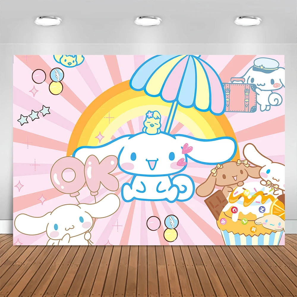 Sanrio Backdrops Banner Rainbow Balloons Cartoon Cinnamoroll Children's Happy Birthday Party Decor Photo Background Booth Props