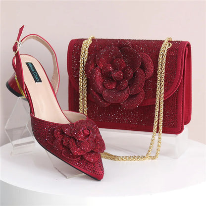 Peach Color Elegant Lady Shoes And Bag Set with Rhinestone Embellished Pearls-knot Wear-resistant And Comfortable Heel