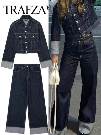 TEAFZA 2024 Vintage Women Patchwork Denim Jacket Pant Sets Long Sleeve Cropped Coat+High Waist Wide Leg Pants Streetwear Suit