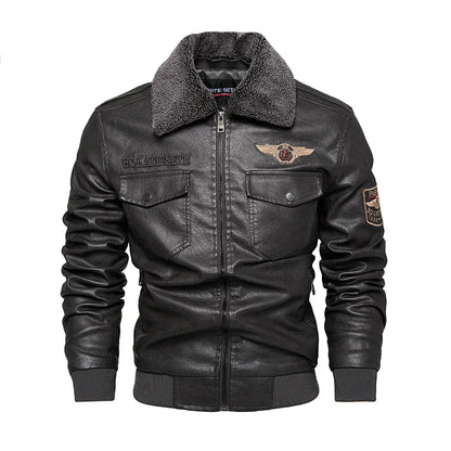 Men's Autumn And Winter Embroidery Original Leather Moto & Biker Coat Jacket Motorcycle Style Casual Warm Overcoat