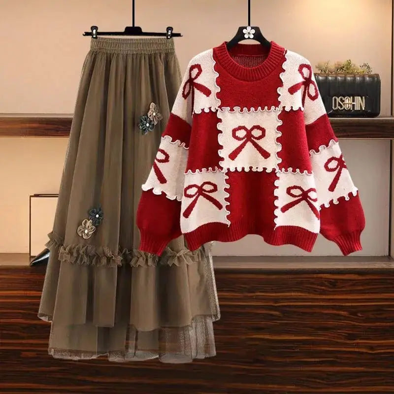 Oversized Women's Autumn Set 2023 New Temperament Senior Knitted Sweater Mesh Half Skirt Two Piece Set Fashion