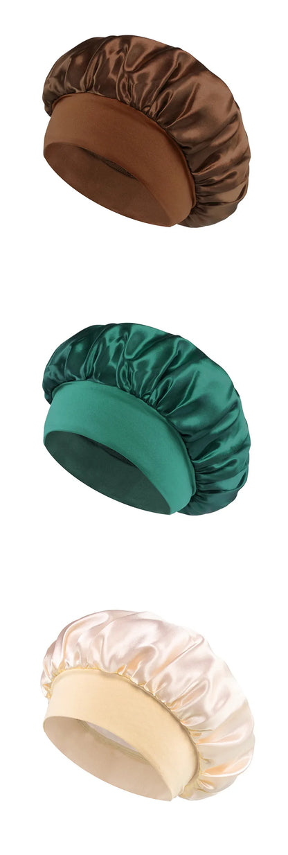 Women Satin Bonnet Hair Bonnet for Sleeping Hair Care Silk Bonnets Solid Wide-brimmed Sleeping Hat with Elastic Soft Band