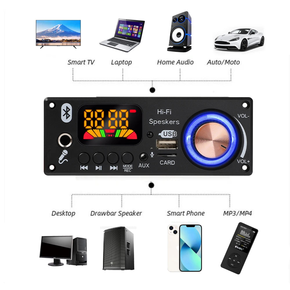 Bluetooth 5.1 DIY 160W Amplifier MP3 Decoder Board 12V Microphone FM Radio TF USB Car Audio Music Player Speaker Volume Control